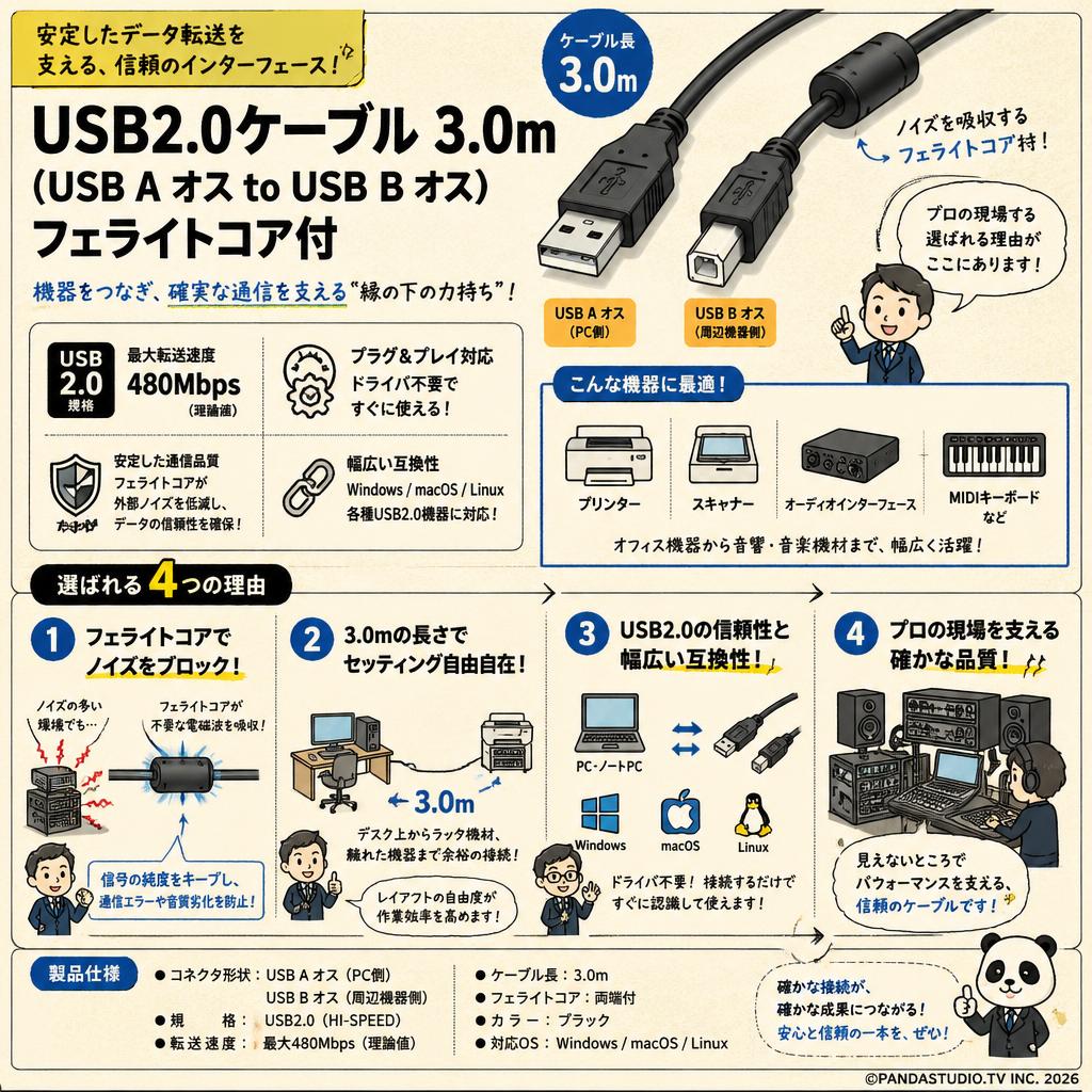 USB2.0ケーブル 3.0m（USB A オス to USB B オス) フェライトコア付 概要