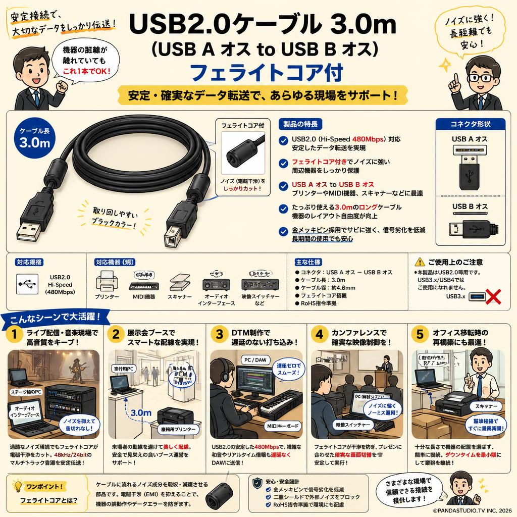 USB2.0ケーブル 3.0m（USB A オス to USB B オス) フェライトコア付 用途