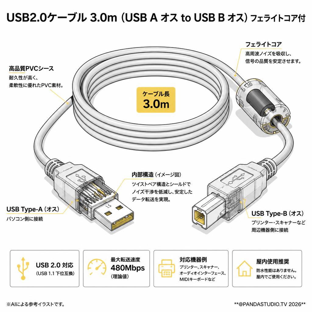 USB2.0ケーブル 3.0m（USB A オス to USB B オス) フェライトコア付 スペック
