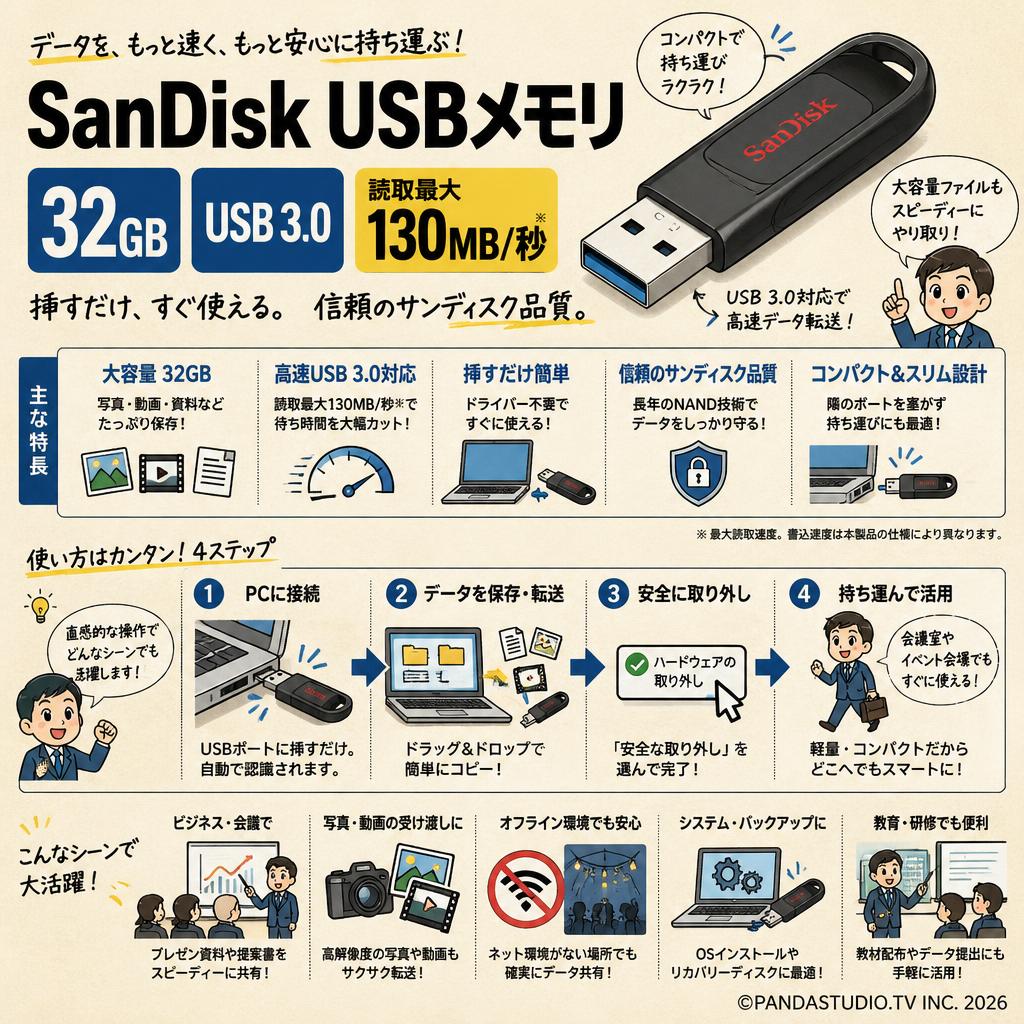 SanDisk USBメモリ 32GB USB 3.0 読取最大130MB/秒 概要