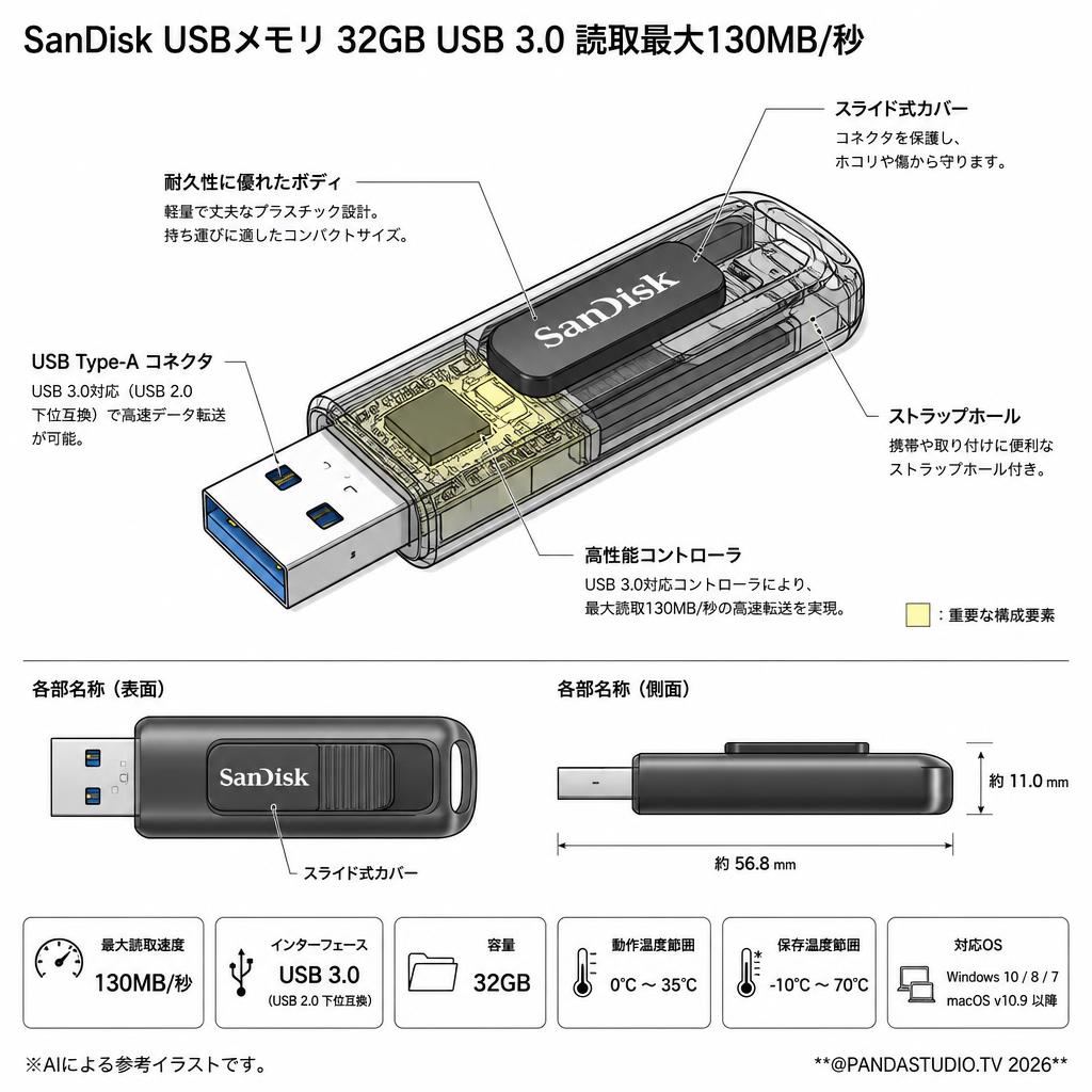 SanDisk USBメモリ 32GB USB 3.0 読取最大130MB/秒 スペック