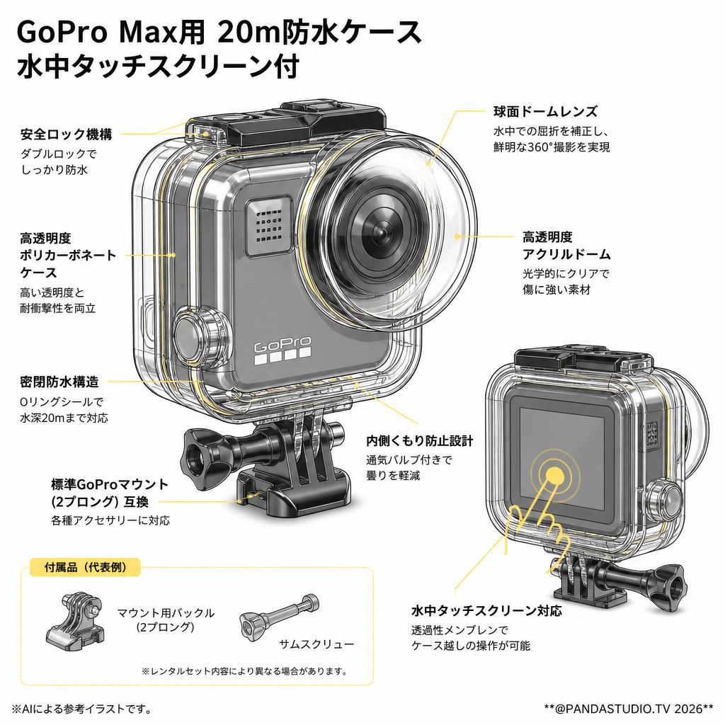 GoPro Max用 20m防水ケース 水中タッチスクリーン付 スペック