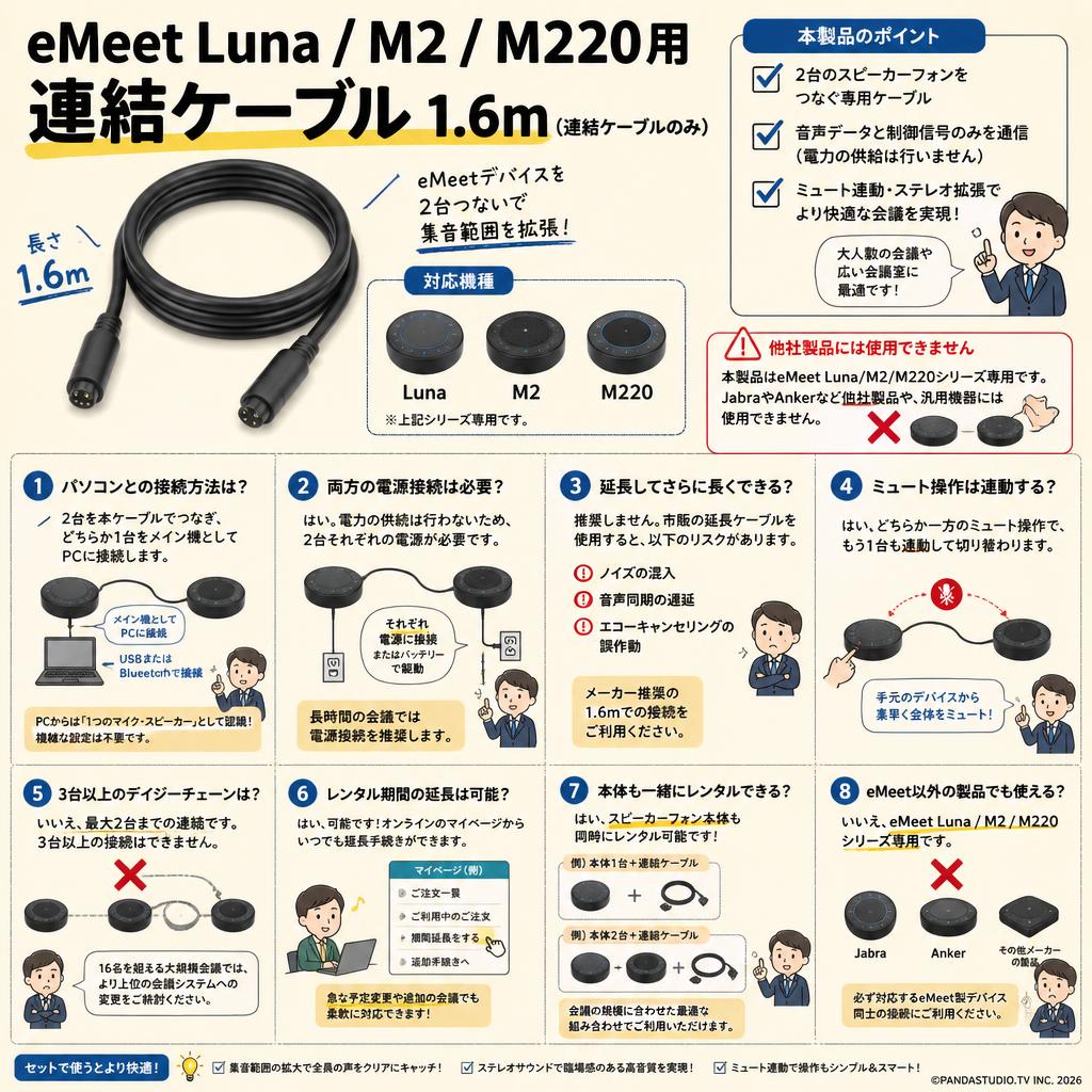 eMeet Luna/M2/M220用 連結ケーブル 1.6m(連結ケーブルのみ） FAQ（よくある質問と答え）