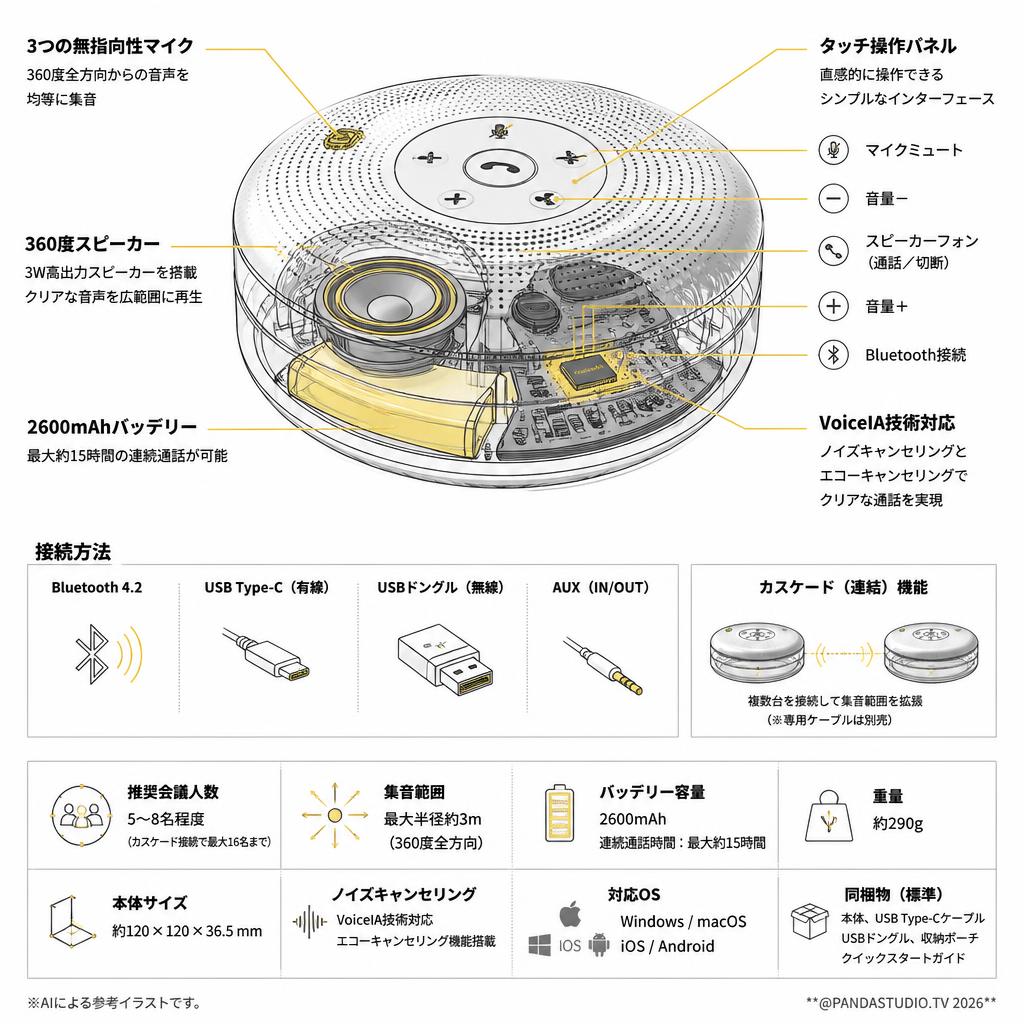 eMeet Luna テレビ会議用ワイヤレスマイクスピーカー 最大5-8名程度 スペック