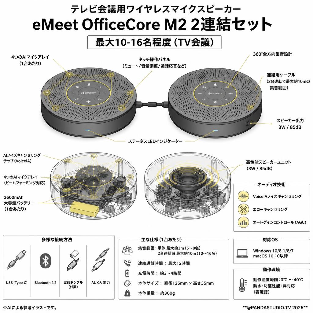 テレビ会議用ワイヤレスマイクスピーカー eMeet OfficeCore M2 2連結セット 最大10-16名程度（TV会議） スペック