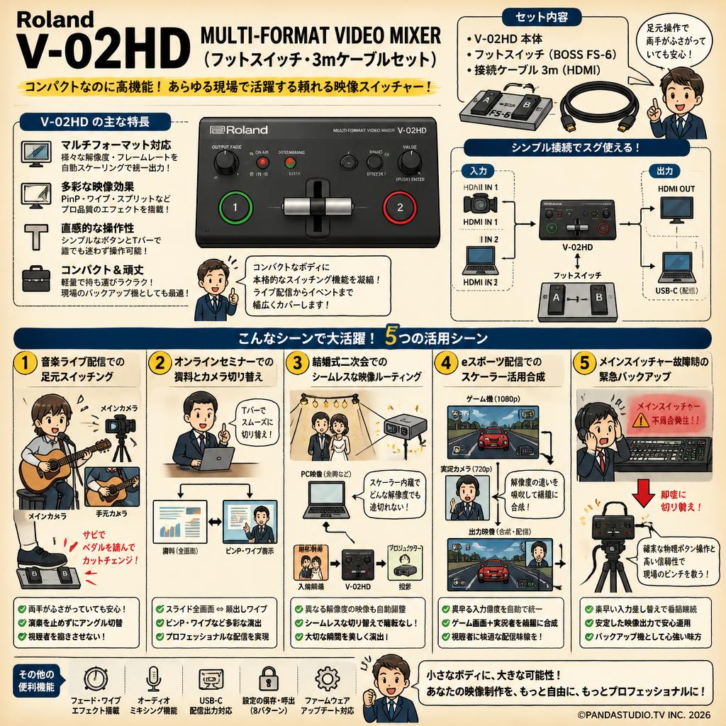 Roland V-02HD MULTI-FORMAT VIDEO MIXER（フットスイッチ・3mケーブルセット） 用途