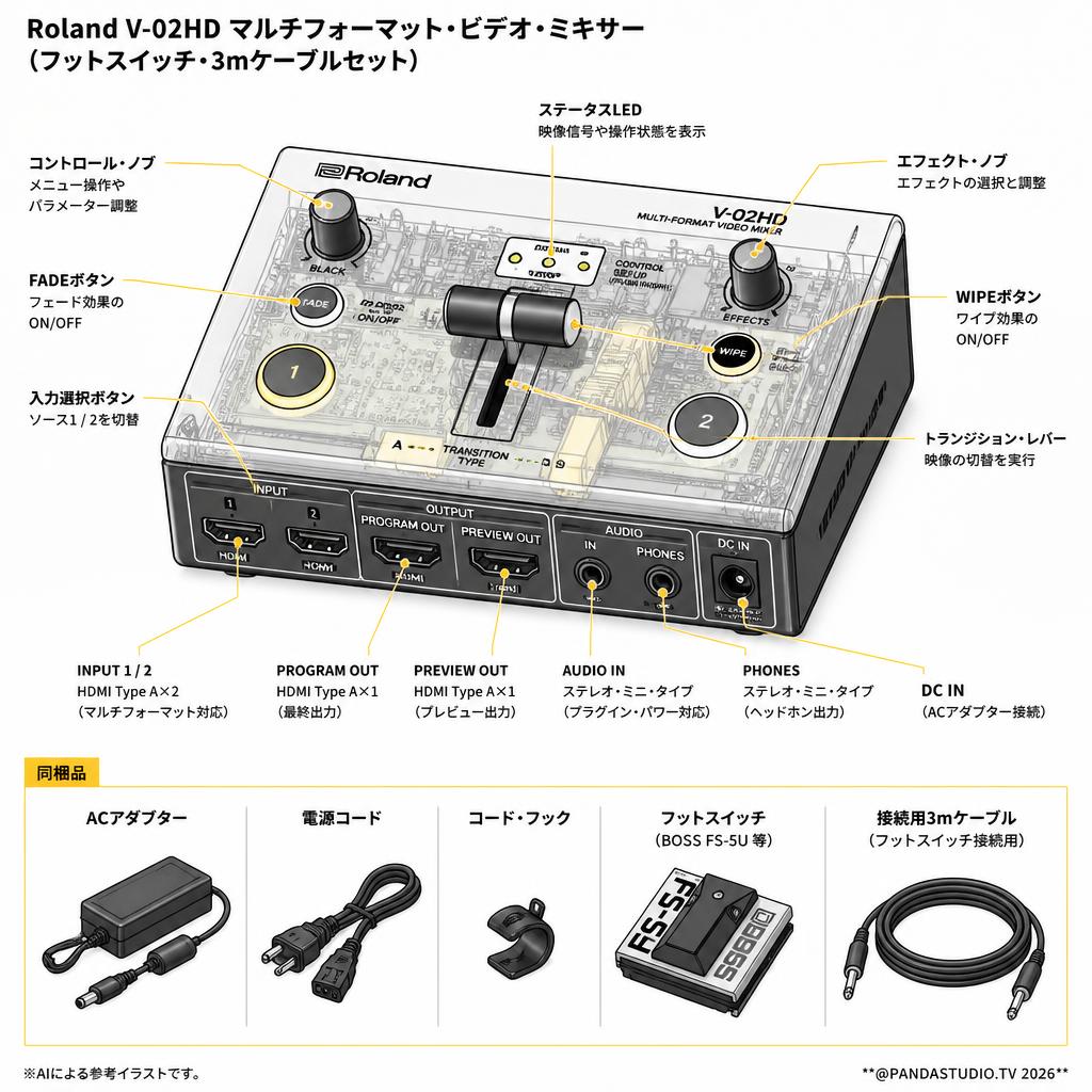 Roland V-02HD MULTI-FORMAT VIDEO MIXER（フットスイッチ・3mケーブルセット） スペック