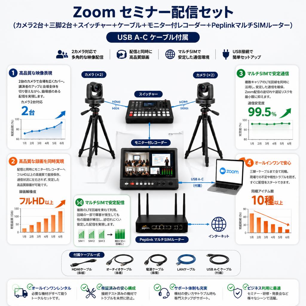 Zoom セミナー配信セット(カメラ2台＋三脚2台＋スイッチャー＋ケーブル＋モニター付レコーダー＋PeplinkマルチSIMルーター）USB A-C ケーブル付属 セールスポイント