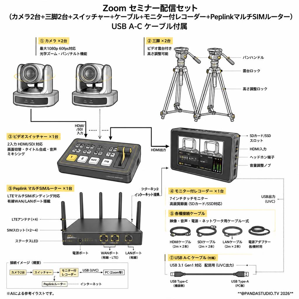 Zoom セミナー配信セット(カメラ2台＋三脚2台＋スイッチャー＋ケーブル＋モニター付レコーダー＋PeplinkマルチSIMルーター）USB A-C ケーブル付属 スペック