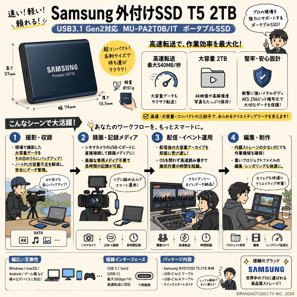 Samsung 外付けSSD T5 2TB USB3.1 Gen2対応  MU-PA2T0B/IT　ポータブルSSD おもな対象のお客様