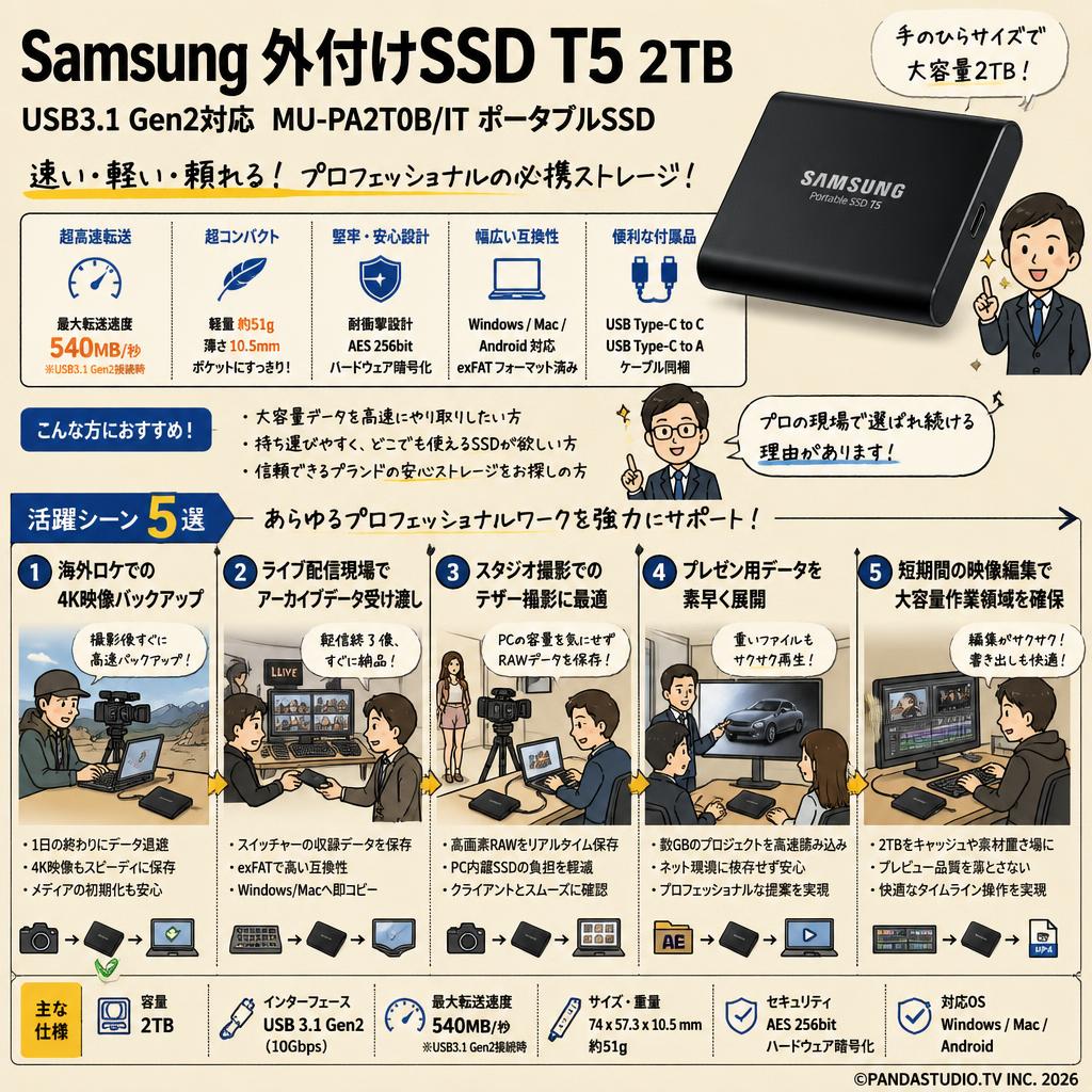 Samsung 外付けSSD T5 2TB USB3.1 Gen2対応  MU-PA2T0B/IT　ポータブルSSD 用途