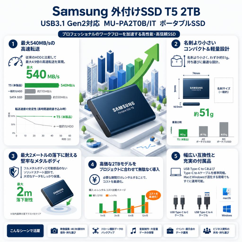 Samsung 外付けSSD T5 2TB USB3.1 Gen2対応  MU-PA2T0B/IT　ポータブルSSD セールスポイント