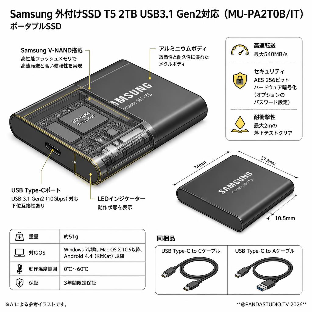 Samsung 外付けSSD T5 2TB USB3.1 Gen2対応  MU-PA2T0B/IT　ポータブルSSD スペック