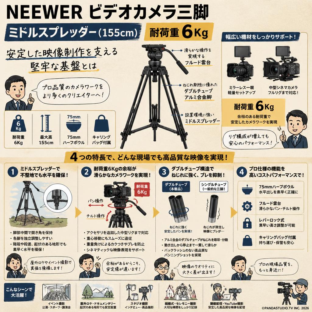 NEEWER ビデオカメラ三脚 ミドルスプレッダー(155cm) 耐荷重6Kg