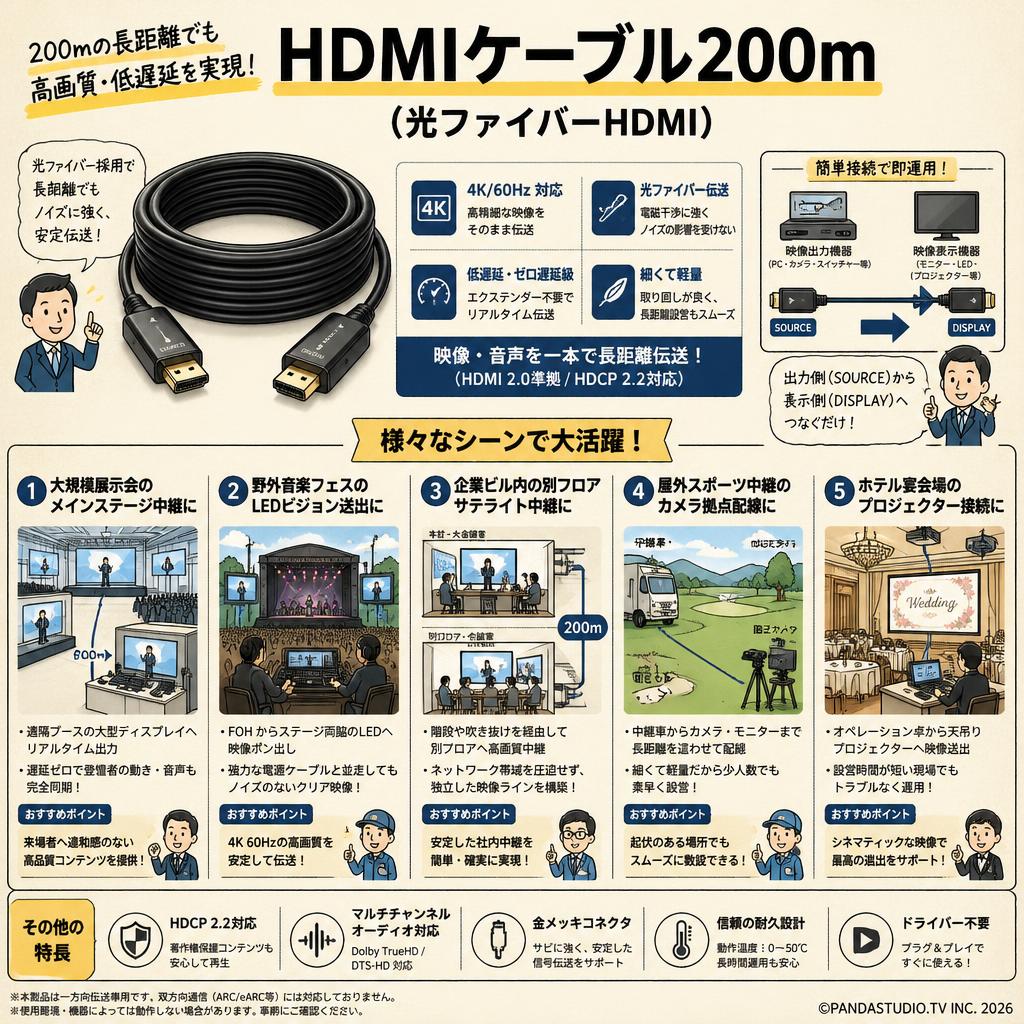 HDMIケーブル200m （光ファイバーHDMI） 用途