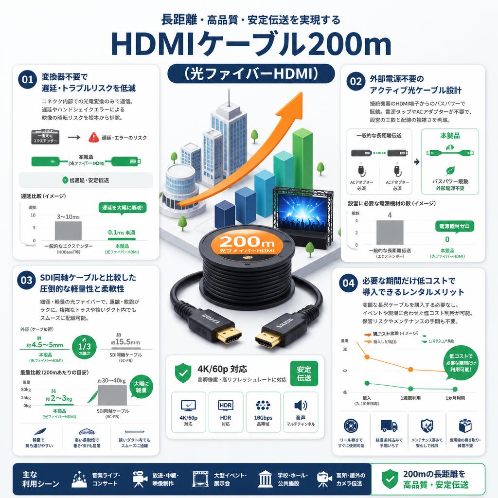 HDMIケーブル200m （光ファイバーHDMI） セールスポイント