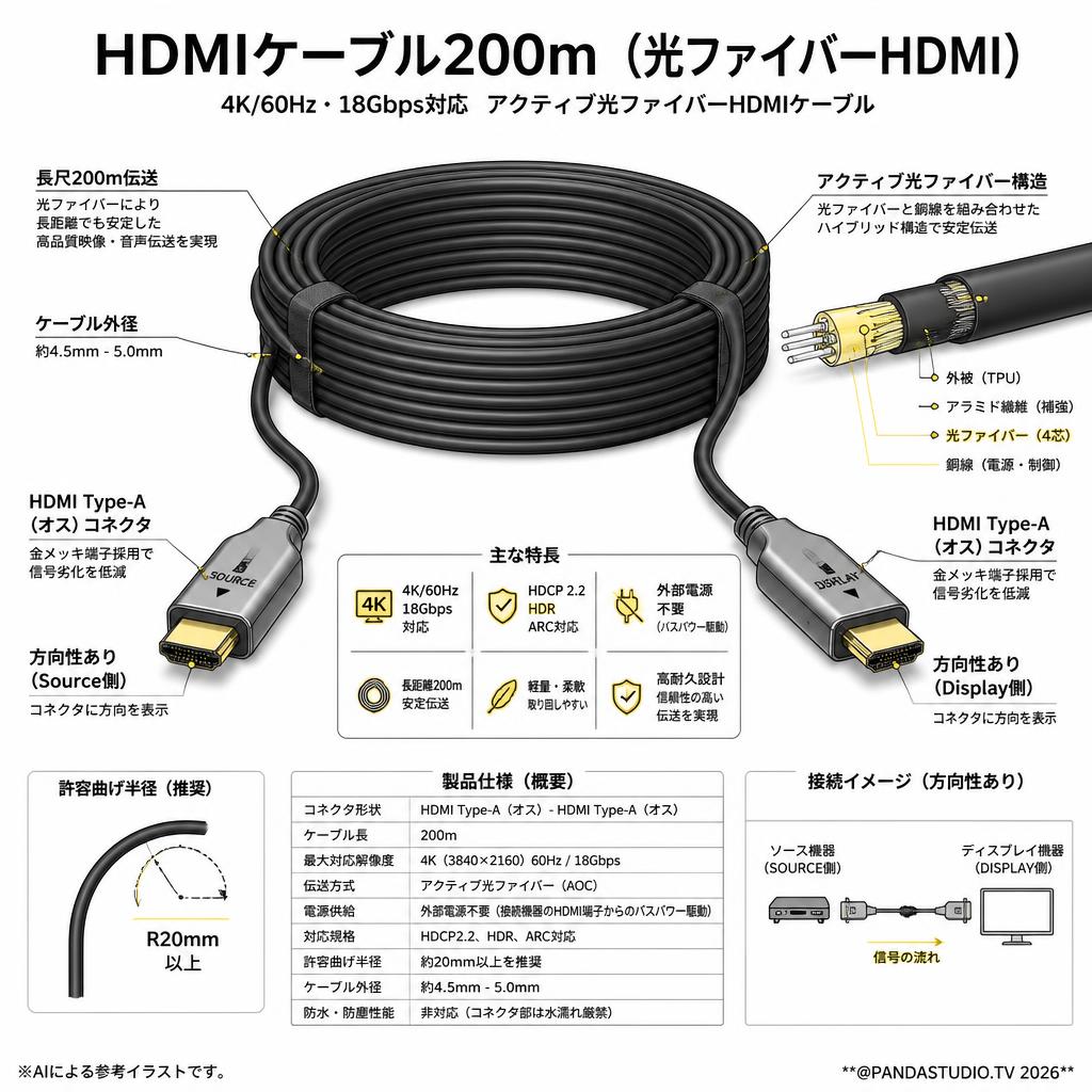 HDMIケーブル200m （光ファイバーHDMI） スペック
