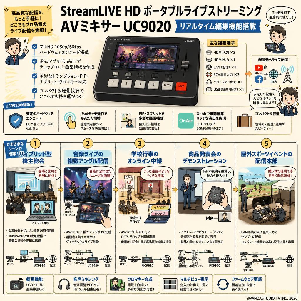StreamLIVE HD ポータブルライブストリーミングAVミキサー UC9020（リアルタイム編集機能搭載） 用途