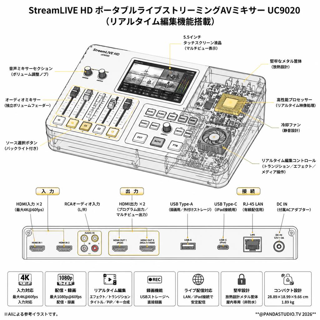 StreamLIVE HD ポータブルライブストリーミングAVミキサー UC9020（リアルタイム編集機能搭載） スペック