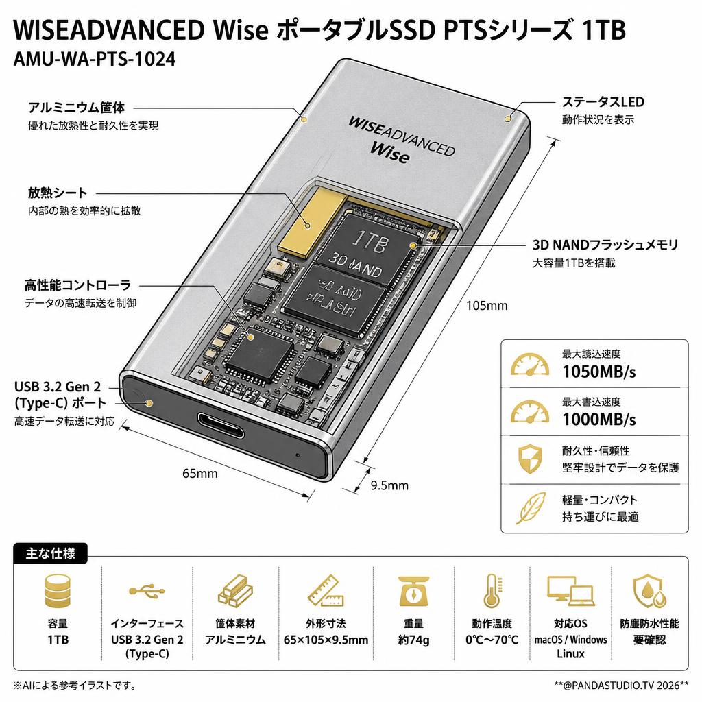 WISEADVANCED Wise ポータブルSSD PTSシリーズ 1TB AMU-WA-PTS-1024 スペック