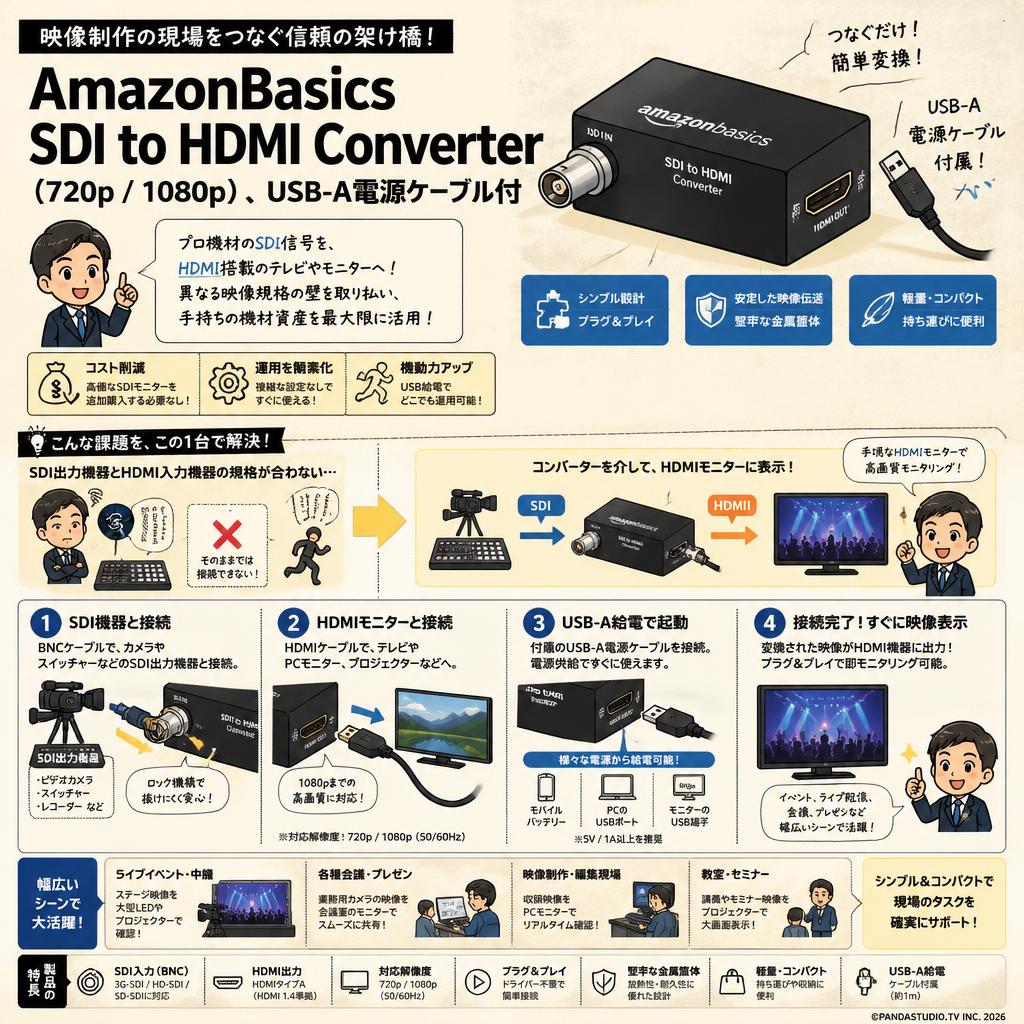 AmazonBasics SDI to HDMI Converter（720p / 1080p）、USB-A電源ケーブル付 概要
