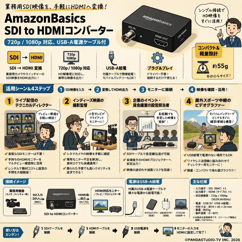 AmazonBasics SDI to HDMI Converter（720p / 1080p）、USB-A電源ケーブル付 おもな対象のお客様