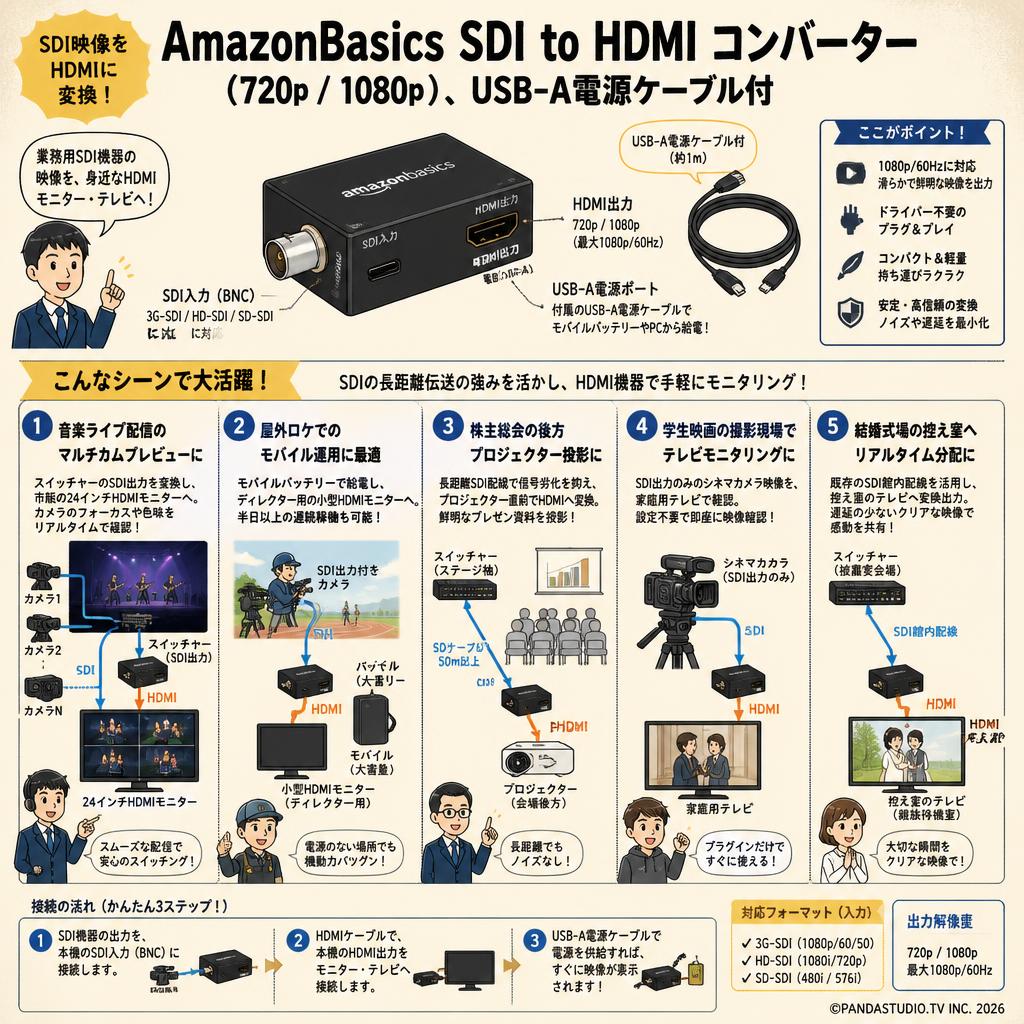 AmazonBasics SDI to HDMI Converter（720p / 1080p）、USB-A電源ケーブル付 用途
