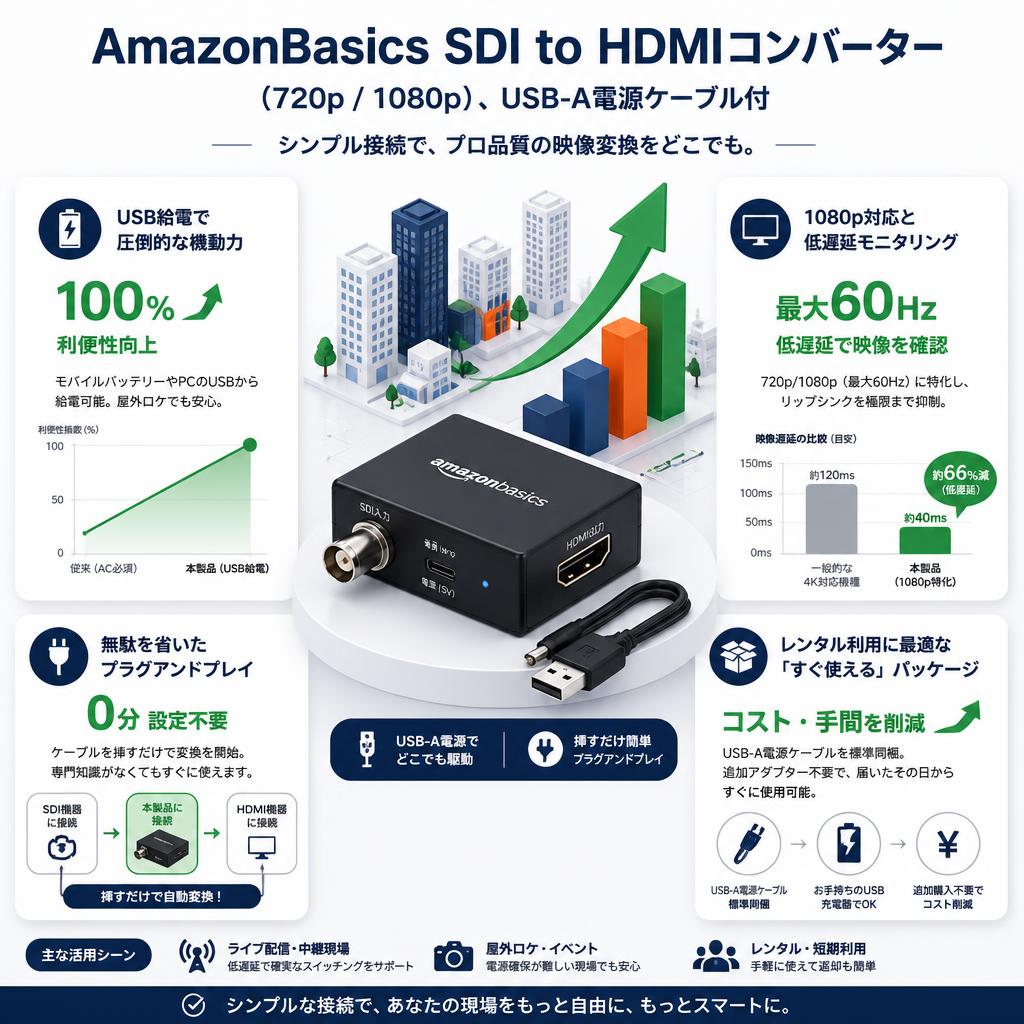 AmazonBasics SDI to HDMI Converter（720p / 1080p）、USB-A電源ケーブル付 セールスポイント