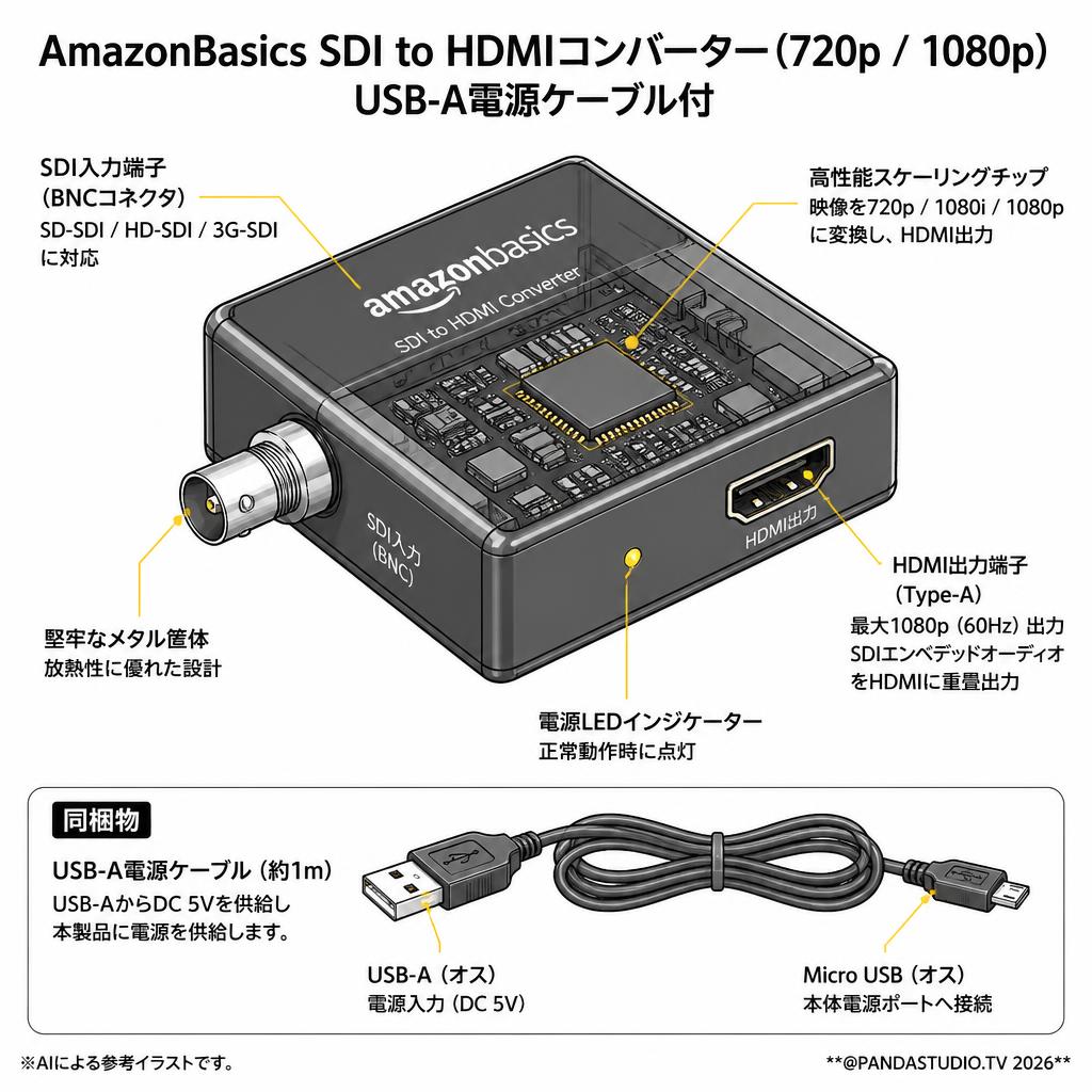 AmazonBasics SDI to HDMI Converter（720p / 1080p）、USB-A電源ケーブル付 スペック