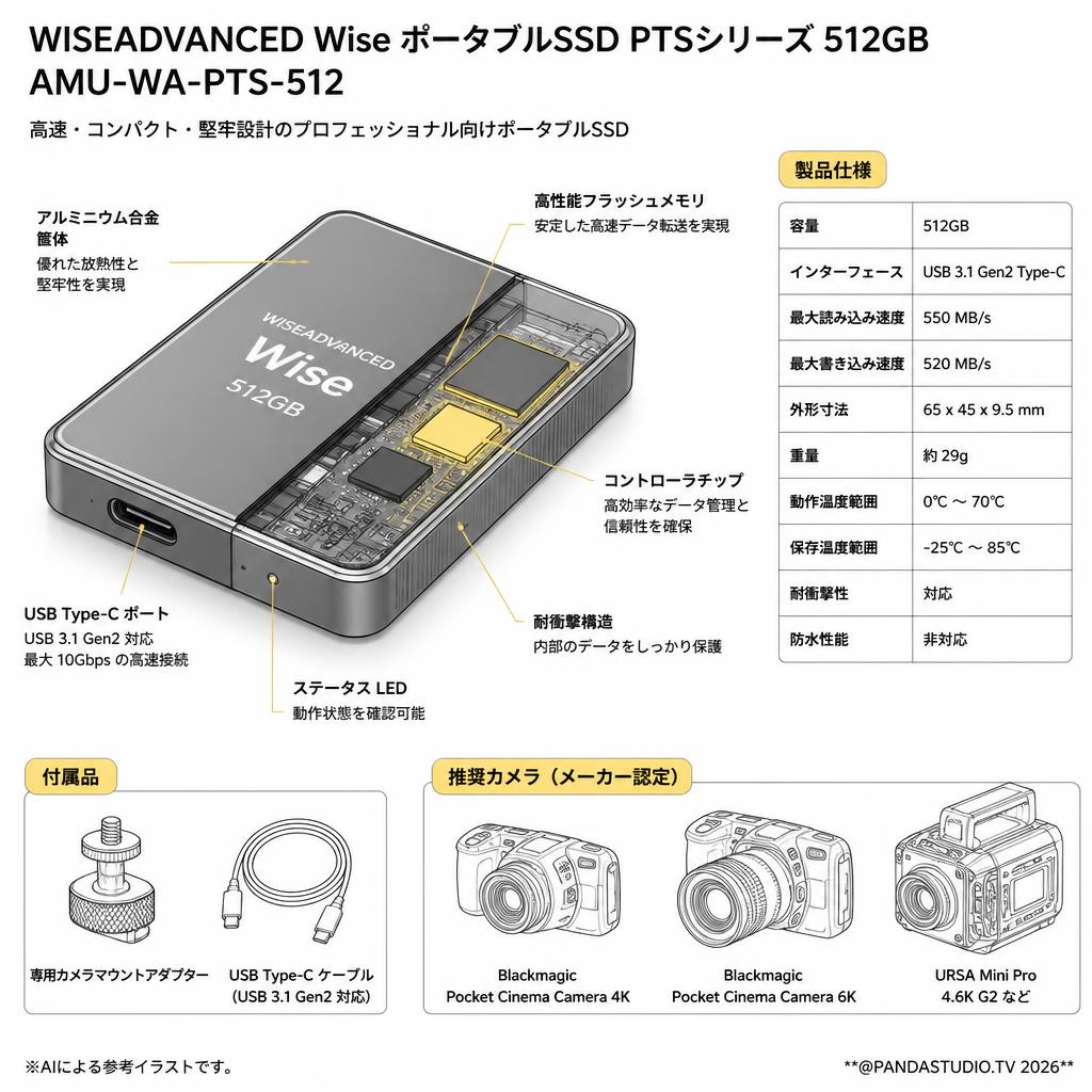 WISEADVANCED Wise ポータブルSSD PTSシリーズ 512GB AMU-WA-PTS-512 スペック