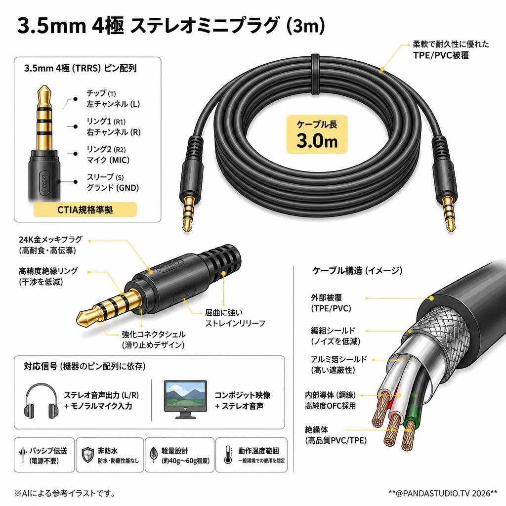 3.5mm 4極 ステレオミニプラグ (3m) スペック