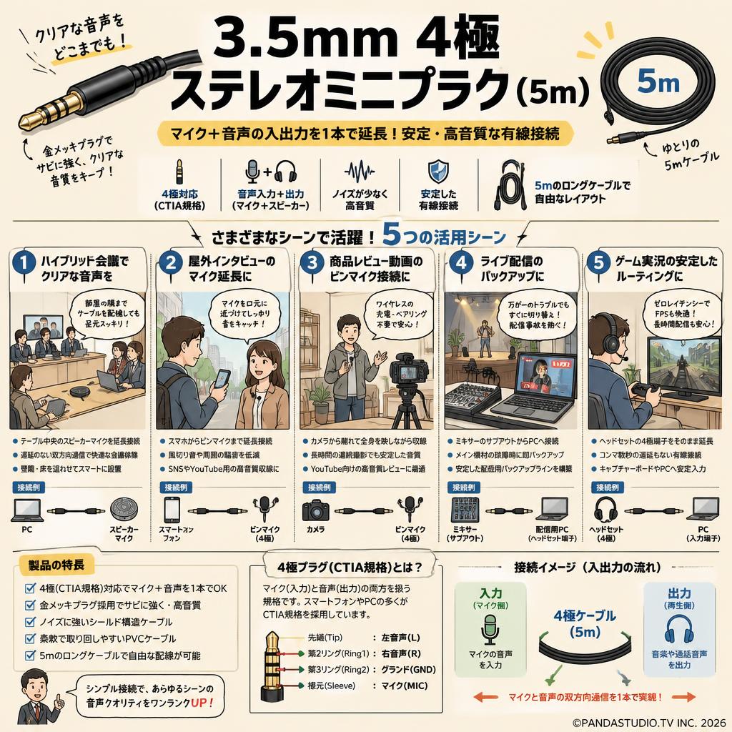 3.5mm 4極 ステレオミニプラグ (5m) 用途