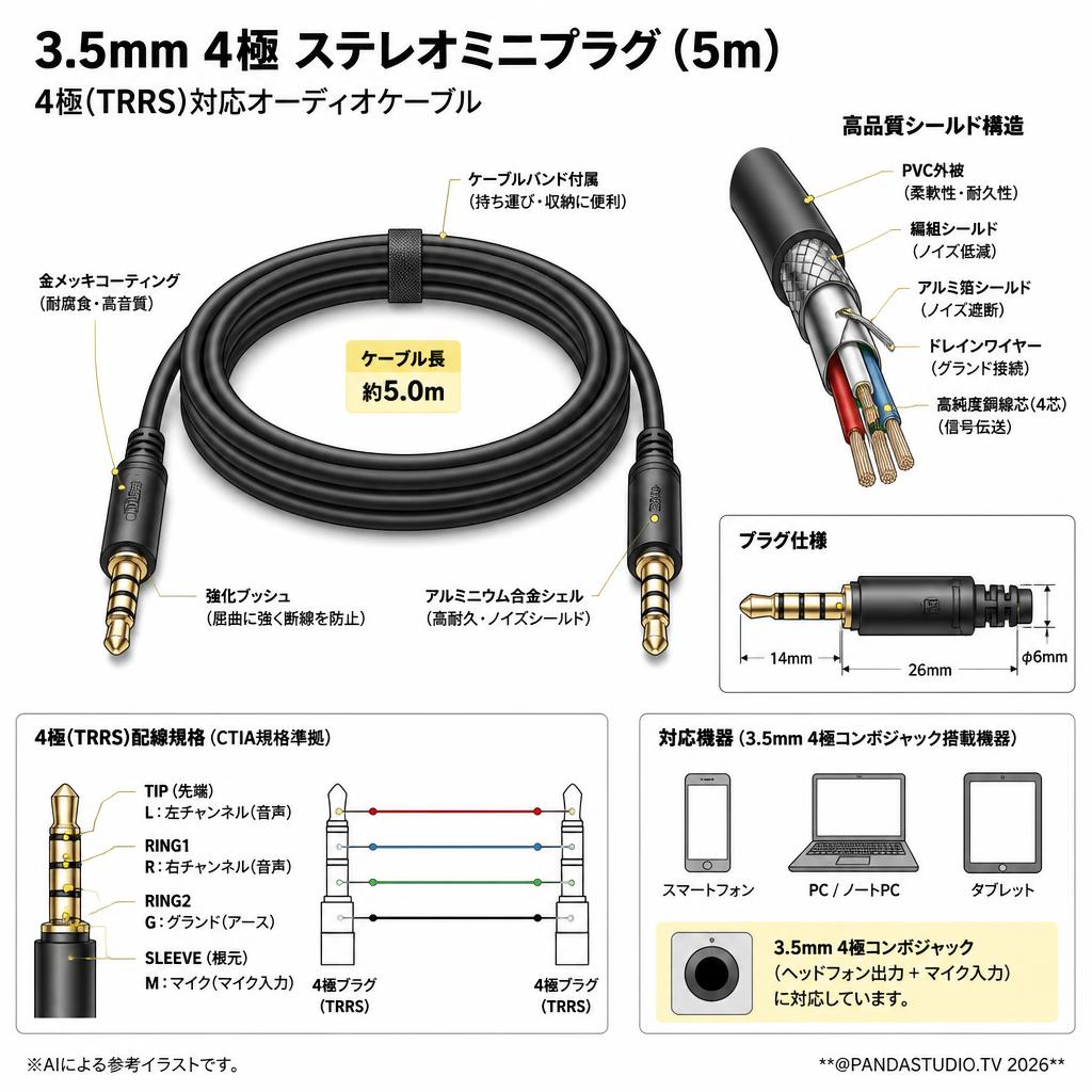 3.5mm 4極 ステレオミニプラグ (5m) スペック