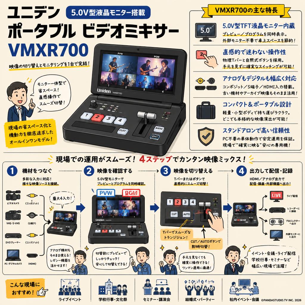 ユニデン 5.0V型液晶モニター搭載 ポータブル ビデオミキサー VMXR700 概要