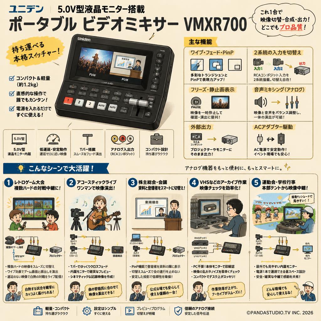 ユニデン 5.0V型液晶モニター搭載 ポータブル ビデオミキサー VMXR700 用途