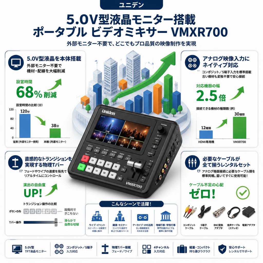 ユニデン 5.0V型液晶モニター搭載 ポータブル ビデオミキサー VMXR700 セールスポイント