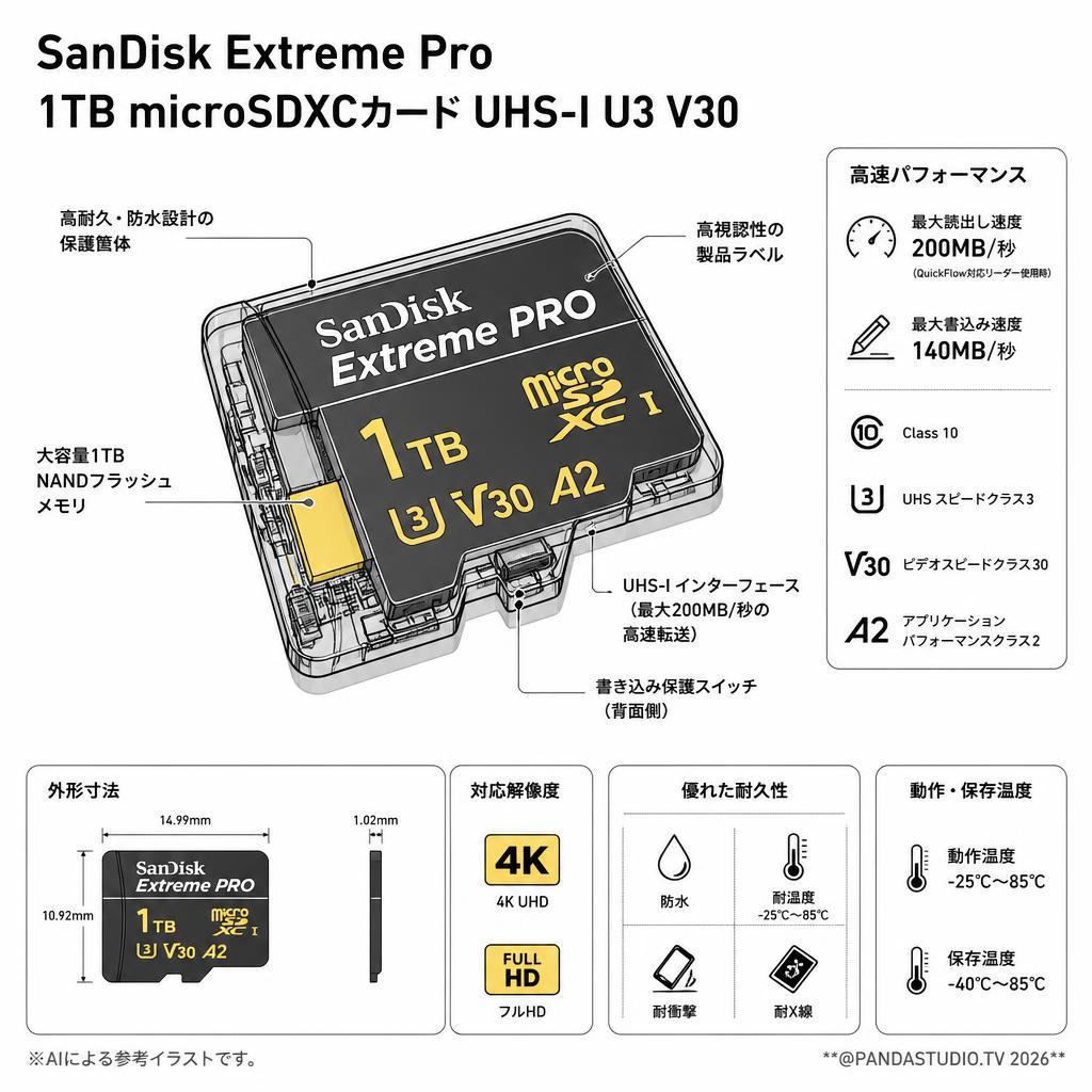 SanDisk Extreme Pro 1TB microSDXCカード UHS-I U3 V30 スペック