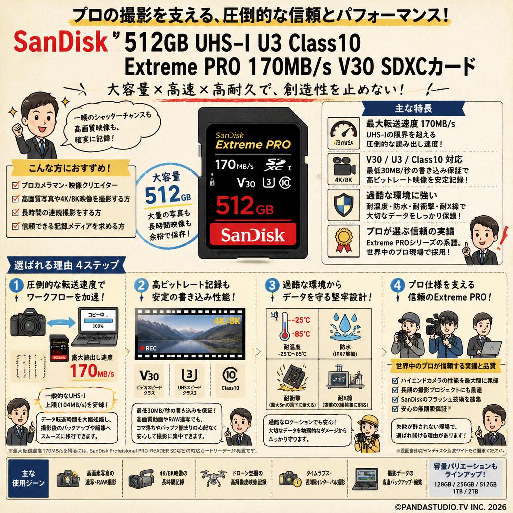 SanDisk  512GB UHS-I U3 Class10  Extreme PRO 170MB/s  V30 SDXCカード 概要