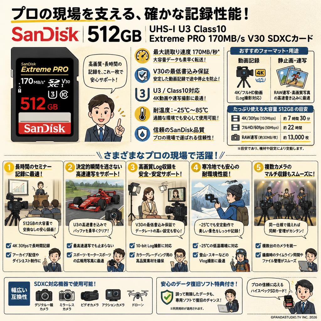 SanDisk  512GB UHS-I U3 Class10  Extreme PRO 170MB/s  V30 SDXCカード 用途