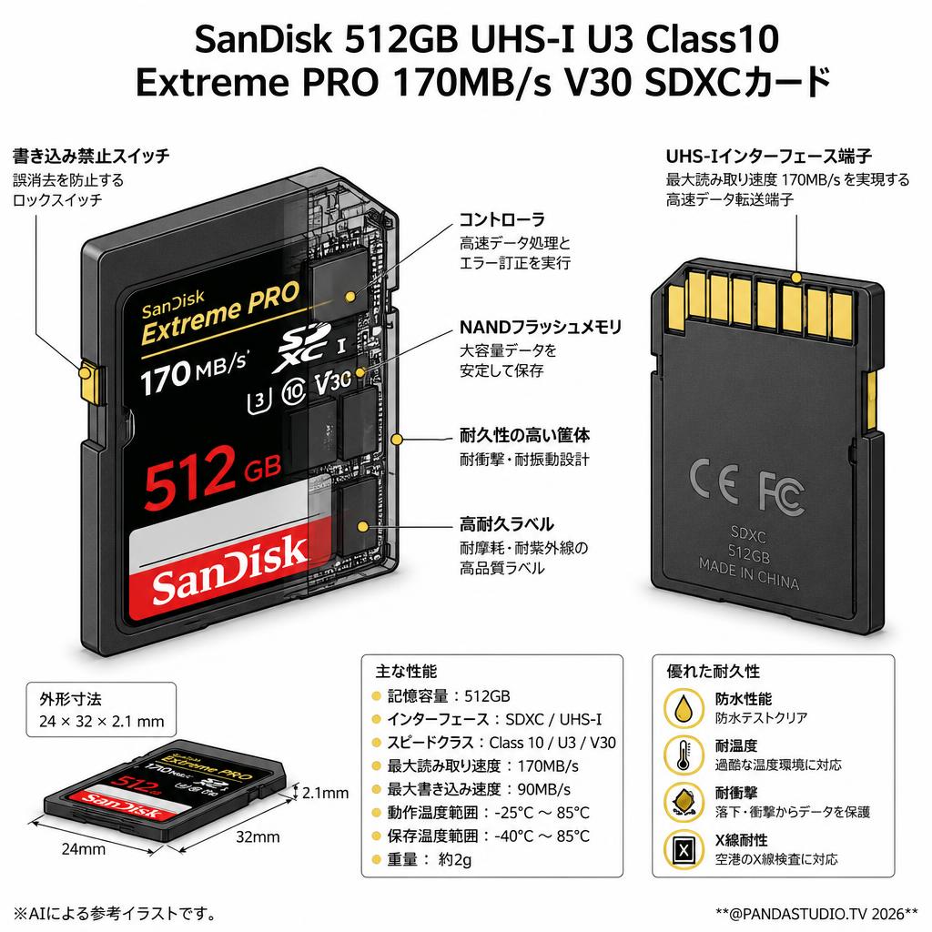 SanDisk  512GB UHS-I U3 Class10  Extreme PRO 170MB/s  V30 SDXCカード スペック