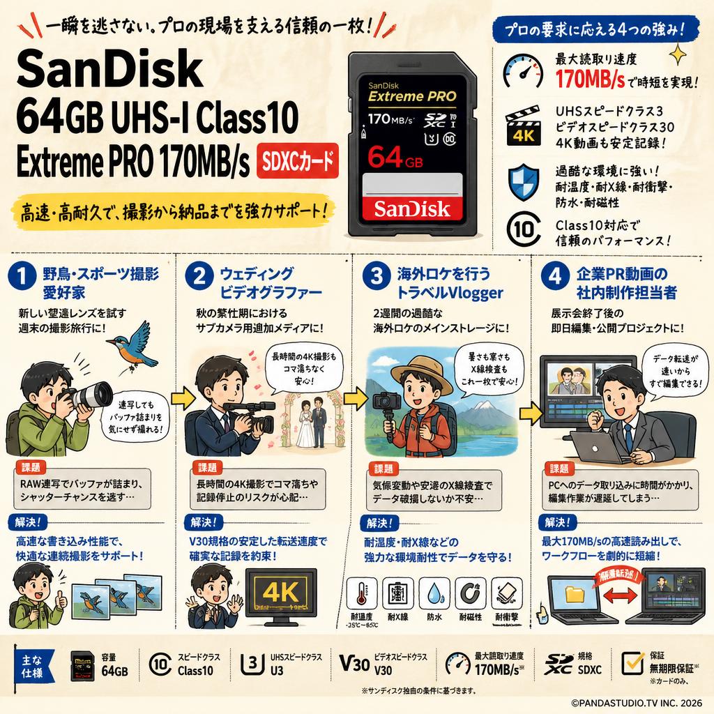 SanDisk  64GB UHS-I Class10  Extreme PRO 170MB/s SDXCカード おもな対象のお客様