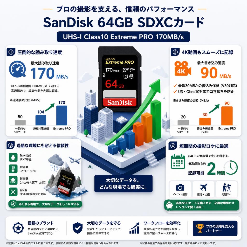 SanDisk  64GB UHS-I Class10  Extreme PRO 170MB/s SDXCカード セールスポイント