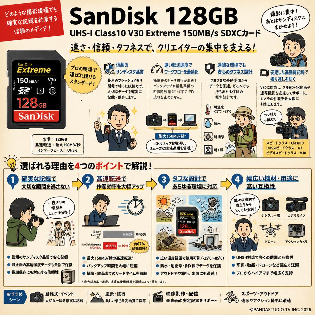 Sandisk 128GB UHS-I Class10 V30 Extreme 150MB/s SDXCカード 概要