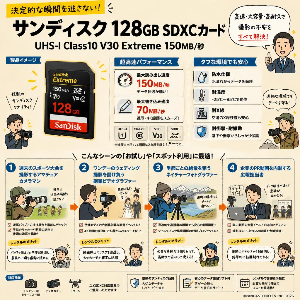 Sandisk 128GB UHS-I Class10 V30 Extreme 150MB/s SDXCカード おもな対象のお客様