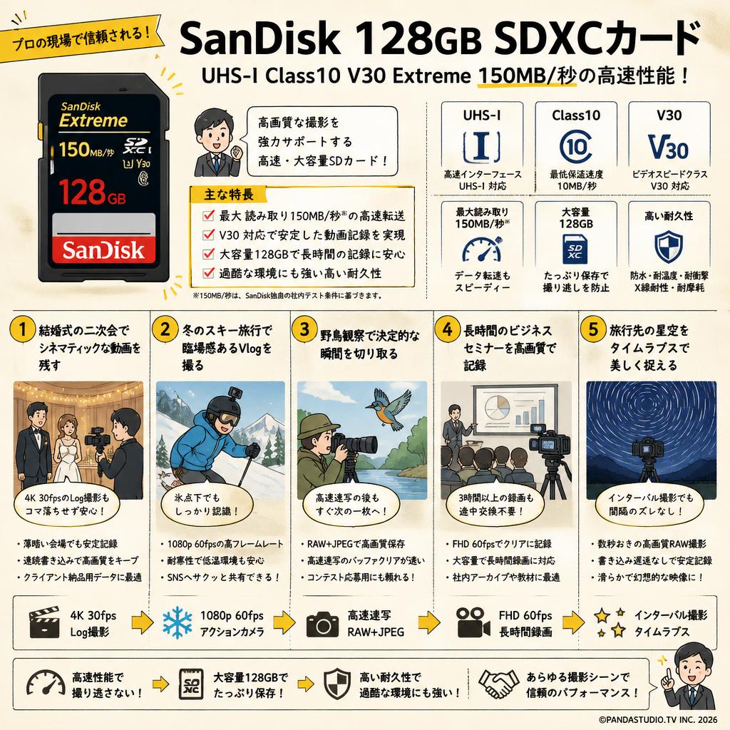 Sandisk 128GB UHS-I Class10 V30 Extreme 150MB/s SDXCカード 用途