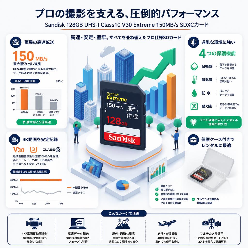 Sandisk 128GB UHS-I Class10 V30 Extreme 150MB/s SDXCカード セールスポイント
