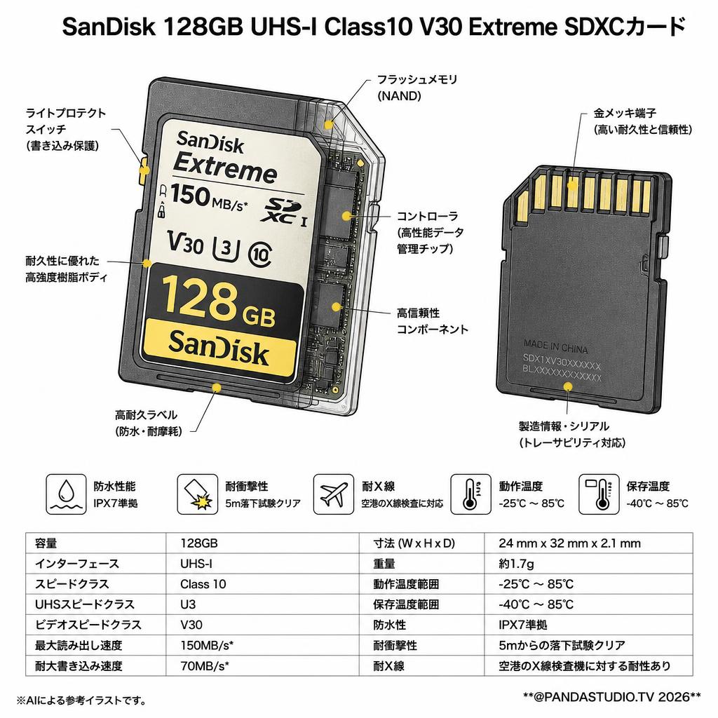 Sandisk 128GB UHS-I Class10 V30 Extreme 150MB/s SDXCカード スペック