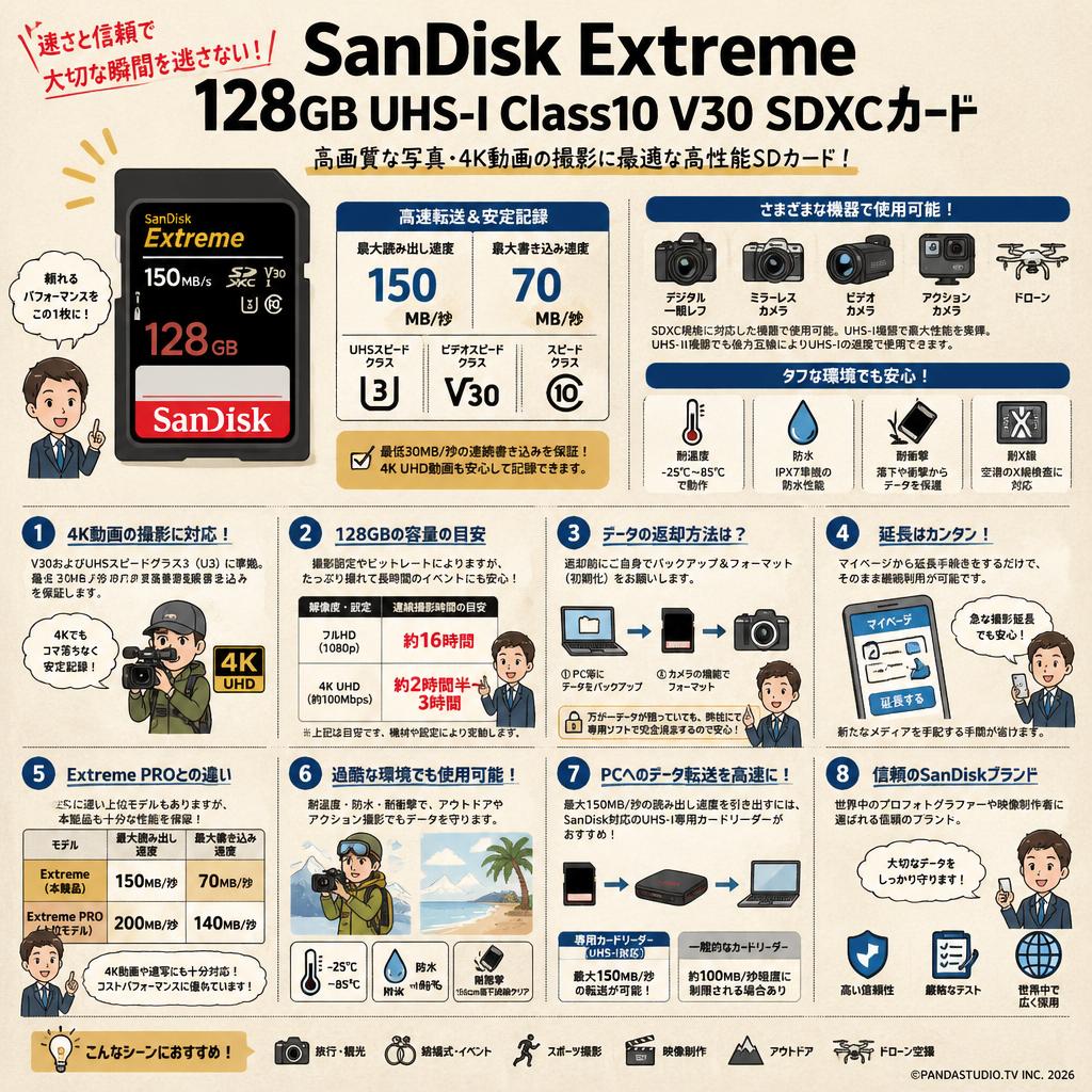 Sandisk 128GB UHS-I Class10 V30 Extreme 150MB/s SDXCカード FAQ（よくある質問と答え）