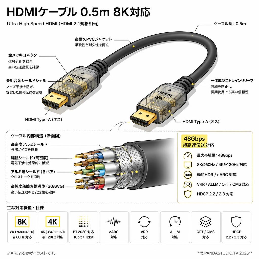 HDMIケーブル 0.5m 8K対応 スペック