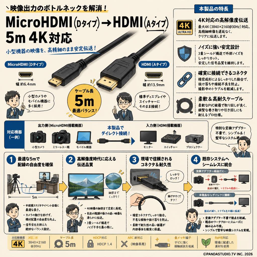 MicroHDMI（Dタイプ）→HDMI（Aタイプ） 5m 4K対応 概要